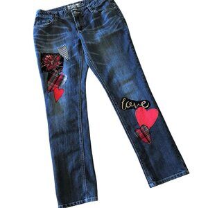 Distressed Patchwork Jeans Upcycled, Handmade Heart Patches, Size 11 Junior